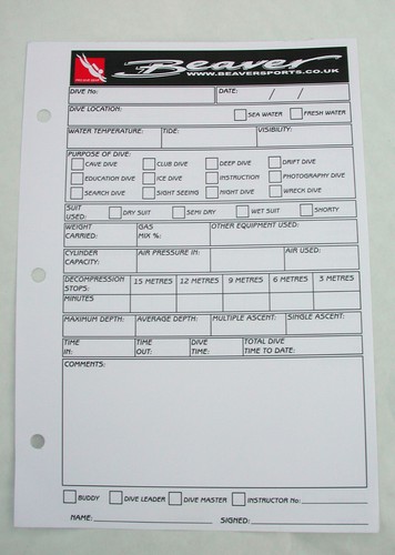 Scuba diving log sheets - log,