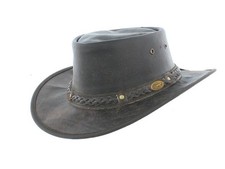 Hazy Blue Soft Crushable Real Leather Aussie Outback Bush Brim Hat Chin Strap