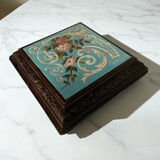 Antique Early 1900s Wind-Up Music Box Stand – Carved Wood & Hand-Painted Tile