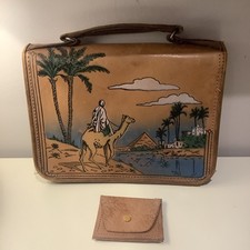 VINTAGE EGYPTIAN LEATHER HANDBAG WITH PURSE,COLOURED FRONT