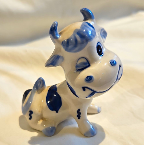 Blue white ceramic cow - blue,