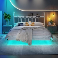 King Bed Frame with LED Lights Storage Headboard and Charging Station, Heavy Dut