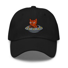 Moody UFO Cat Embroidered Dad Hat – Retro Alien Kitty Flying Saucer Hat