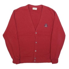 IZOD LACOSTE Mens Red Plain Button Up Jumper V-Neck Basic Knit M Lightweight