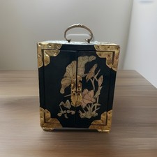 ANTIQUE  ASIAN CHINESE JEWELLERY BOX WITH BRASS DECO  AND HANDLE/ RED LINING