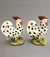 Pair of rooster chicken figurines crackle glaze ceramic farmhouse decor