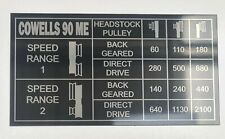 Cowells 90ME Lathe (Current model) spindle speed aluminium data plate 