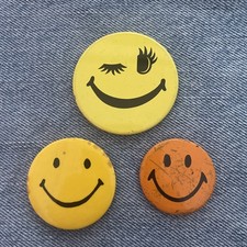 True Vintage 1970s Smiley / Winking Face Tin Pin Badges X3 Pop / Rave Culture