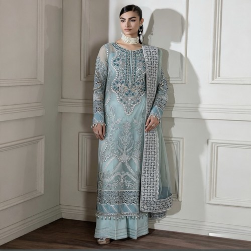Sky blue embroidered chiffon - sky,