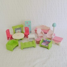 Asda Dolls House Furniture Wooden Children's Toy Bundle x15 Green Pink