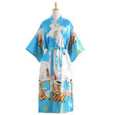 New Bride Long Women Kimono Robe Satin&Silk Night Dressing Gown 47inch Lake blue