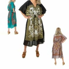 Womens Kaftan Midi Dress Beach Coverup One Size V Neck Short Sleeve Sundress 