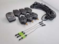 FOX Micron MX+ 3 Rod Set Up Fishing Bite Alarms with Green Bobbins