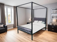 Sydney Double Metal 4 Poster Bed Frame With a Metal Rodded Base and Cushione