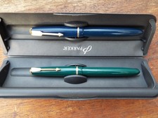 2 Parker Slimfold Fountain Pens Boxed Green and Blue 14ct Gold Nibs