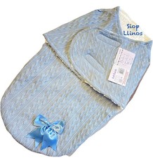 Baby Boys / Dusty Blue Cable Swaddle Wrap W/Bow Baby Pram Nest + Sherpa Lining