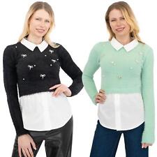 River Island Womens Jumper Embellished Fluffy Hybrid Mock Shirt Black Green