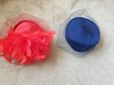 2 X  Pill Box Formal Hat/Fascinator with Veil & Feathers 1 X Red -1x Blue 