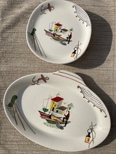 Vintage Alfred Meakin “ Brixham “ Retro Fishing Design 6x Plates, 1x Dish