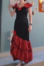 Senorita Spanish Red and black polka dot Dress With red rose hairpiece  Size 8