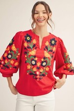 Women's red Embroidered  Top