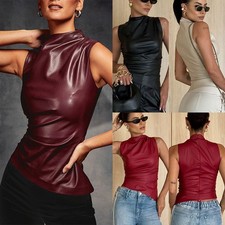 Womens Ruched PU Leather Vest Tanks Blouse Tops Sleeveless Shirts Tee Tunic Cami