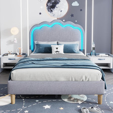 3ft Upholstered Bed90x190cm Single Bed with LED Bed Frame with Wooden Grey,Linen