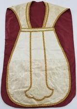 Antique Silk Brocade IHS Monogram Embroidered Gallon Trim Vestment Chasuble