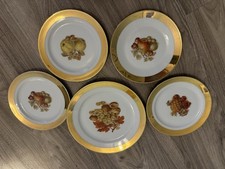 Set Of 5 Vintage Bavaria Foreign Fruit Plates Porcelain With Gold Rim