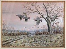 Framed Watercolor - PARTRIDGE IN FLIGHT - Mark Chester, English Wild-Life Artist