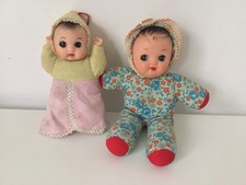 2 VINTAGE VINYL AND CLOTH PRAM DOLLS WITH WORKING SQUEAKERS