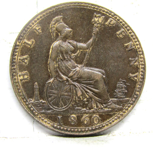 1860 half penny coin - coin, victoria