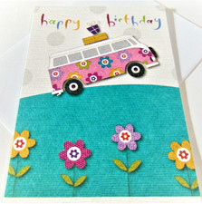 Birthday Greetings Card......Happy Birthday.......Pink Bus