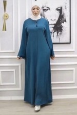 Elegant Teal Blue Abaya with Zipper Front & Cuff Detail