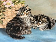 Kittens Cute Oil Painting Flowers & Basket