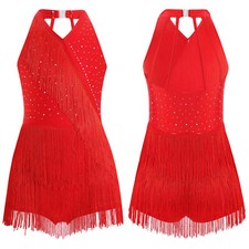 UK Girls Sequin Dance Dress Fringe Tassel Leotard Latin Salsa Rumba Dancewear