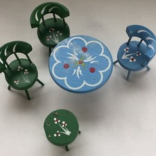 Vintage Doll House Dining Furniture Table Chairs Handmade & Painted German