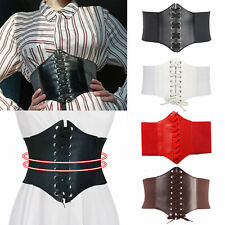 Ladies Women Leather Waist Cincher Wide Band Elastic Tied Waspie Corset Belt UK
