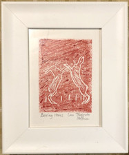 Suffolk Artist Theronda Hoffman Original Print Linocut Boxing Hares