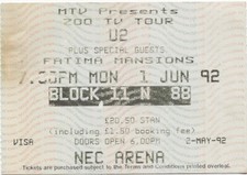 1992 U2 Zoo TV Concert Ticket Birmingham NEC 1st June 1992