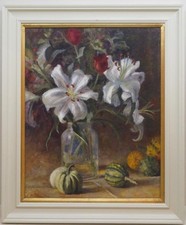 PAULINE PLUMMER (1930-2023) English oil painting STILL LIFE FLOWERS & GOURDS