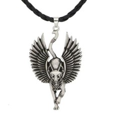 Silver Ancient Egypt Bastet Statue Cat Pendant Necklace Sphinx Amulet Jewelry