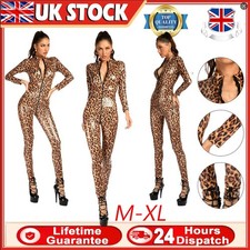 Women's Sexy-Bodysuit Leopard Print Zipper Long Sleeve Catsuit Leotard Jumpsuit