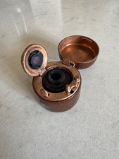 Vintage Old Antique Travel Ink Well Brass Leather