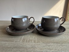 Denby Greystone Stoneware Cup & Saucer Set Of 2 Ribbed Design Brown Pair