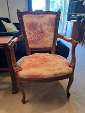 Antique Ornate Armchair Carved Parlour Salon with Perfect Linen Blend Upholstery