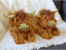 Highland Cattle Slippers - Furry Brown Cow Slippers NEW UK