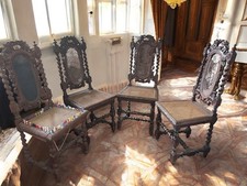 4 Late Victorian Heavily Carved Barley Twist Chairs
