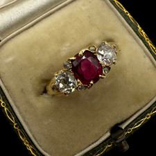 Antique Ruby & Old-Cut Diamond Three-Stone Ring (c.1900) – 18ct Gold, Size M