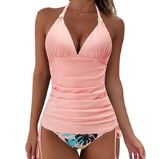 Peach Ruched Halter Tankini